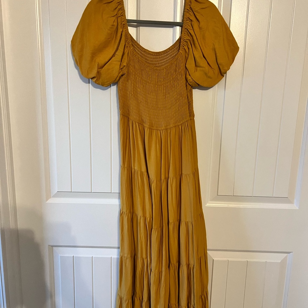 Elegant Mustard Puff Sleeve Maxi Dress